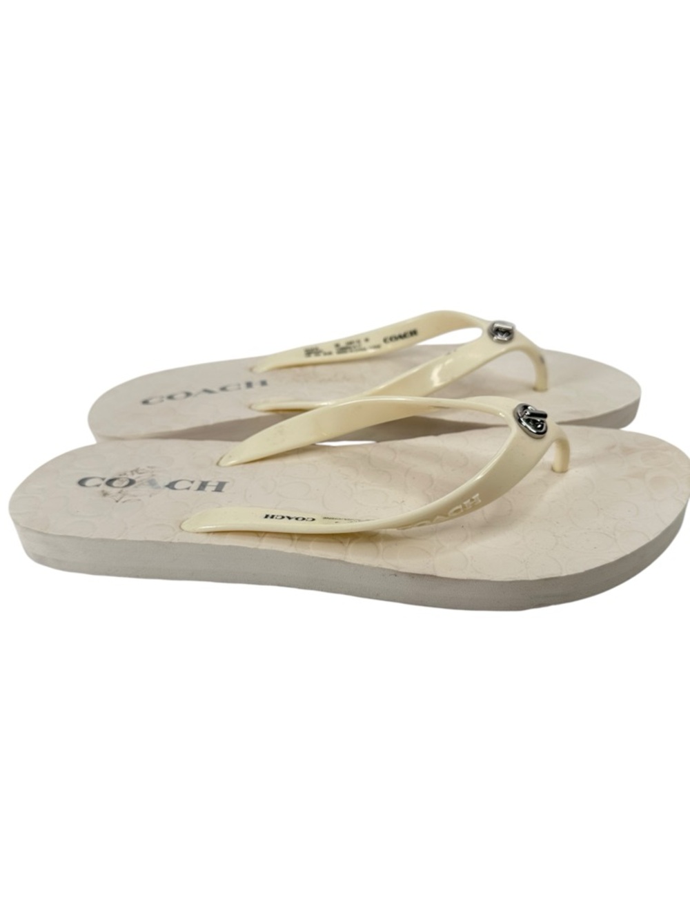 Coach Abbigail Flip Flops White Signature Sandals Silver Charm Womens 8